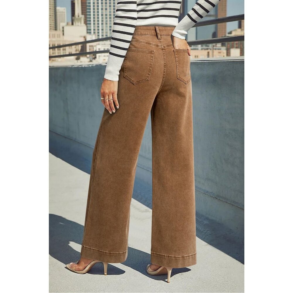 Women Light French Beige Wide Leg Denim Jeans Stretchy Loose Pant with Pockets - Picture 3 of 6